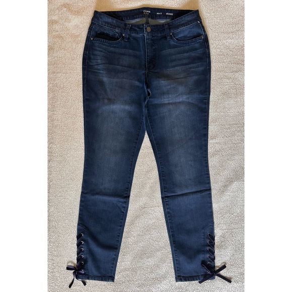 Crown & Ivy Skinny Jeans with Velvet Lace-up Bow. - Picture 2 of 9